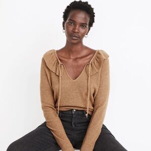 Madewell Tie-Neck Ruffle Pullover Sweater Tan